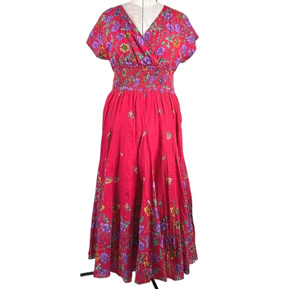 J.Peterman Red Floral Cotton V-Neck Short Sleeve Circle Skirt Midi Dress Size 10 - Picture 1 of 10